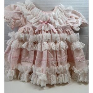 Vintage‎ Mini World Full Ruffle Pageant Dress Sz 3-6 Mos Pink & White- Lace
